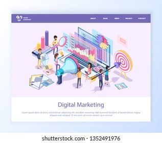Digital marketing methods vector, people working on broadcasting and targeting, aim and arrow, man and woman in business activities, charts on website or webpage template, landing page flat style
