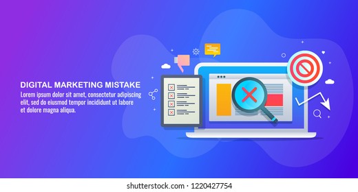 Digital marketing mistakes - Wrong marketing strategy flat vector illustration with icons and texts