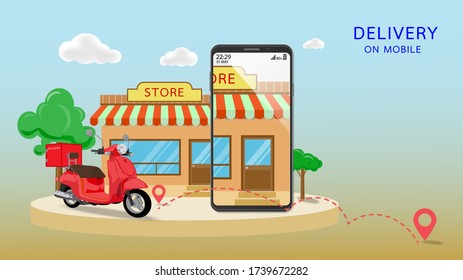 El marketing digital y el concepto de marketing móvil. tienda, tienda online, paquete de entrega rápida por scooter en el teléfono móvil. Concepto de compra de comercio electrónico. ilustración vectorial.