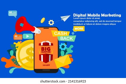 Mobile Marketing Mobile Marketing Konzept digitale Werbung. Vektorgrafik. Flaches Design.