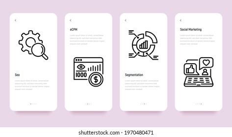 Digital marketing mobile user interface with thin line icon set. SEO, eCRM, segmentation, social marketing. Pixel perfect, editable stroke. Vector illustration