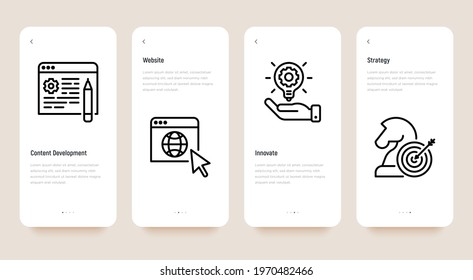 Digital marketing mobile user interface with thin line icon set. Content development, website, . Pixel perfect, editable stroke. Vector illustration