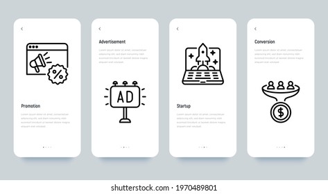 Digital marketing mobile user interface with thin line icon set. Advertisement, conversion, start up, promotion. Pixel perfect, editable stroke. Vector illustration