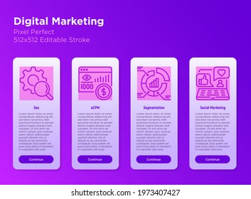 Digital marketing mobile user interface with thin line icon set. SEO, eCRM, segmentation, social marketing. Pixel perfect, editable stroke. Vector illustration