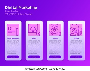 Digital marketing mobile user interface with thin line icon set. Content development, website, innovation, strategy. Pixel perfect, editable stroke. Vector illustration