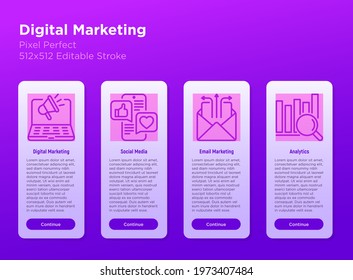 Digital marketing mobile user interface with thin line icon set. Social media, e-mail marketing, analytics. Pixel perfect, editable stroke. Vector illustration