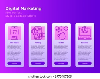Digital marketing mobile user interface with thin line icon set. Online shopping, smm, e-commerce, feedback. Pixel perfect, editable stroke. Vector illustration