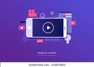 Digital marketing and mobile video concept. Mobile phone with video player icon on screen and icons for mobile applications. Vector flat illustration.