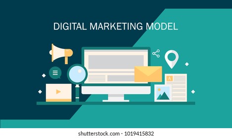 Digital marketing model, marketing strategy and planning flat vector design illustration