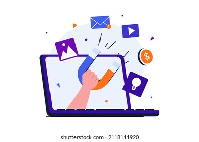 Digital marketing modern flat concept for web banner design. Advertising campaigns to attract new customers, promotional mailings and viral content. Vector illustration with isolated people scene