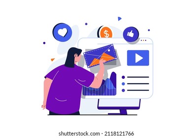 Digital marketing modern flat concept for web banner design. Marketer publishes advert content and analyzes data, promotes business in social networks. Vector illustration with isolated people scene