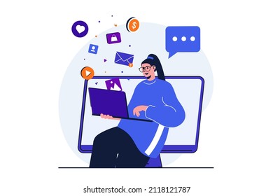 Digital marketing modern flat concept for web banner design. Woman marketer working online on laptop and posting promotional content on social media. Vector illustration with isolated people scene