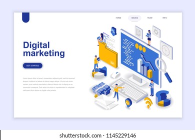 Digital marketing modern flat design isometric concept. Advertising and people concept. Landing page template. Conceptual isometric vector illustration for web and graphic design.