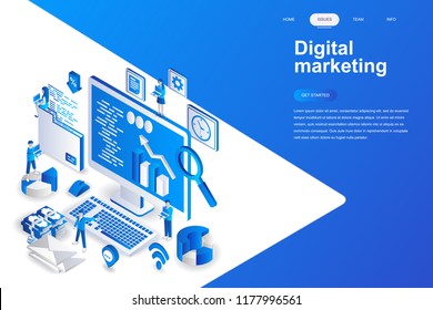 Digital marketing modern flat design isometric concept. Advertising and people concept. Landing page template. Conceptual isometric vector illustration for web and graphic design.