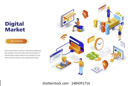 Digital marketing modern flat design isometric concept. Advertising and people concept. Landing page template. Conceptual isometric vector illustration for web and graphic design.