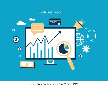 Marketing digital moderno diseño plano con fondo azul