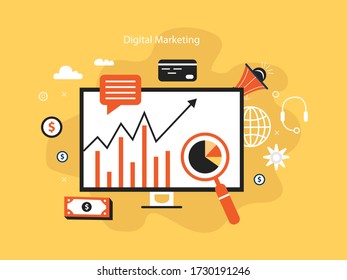 Digital marketing modern flat design on yellow background