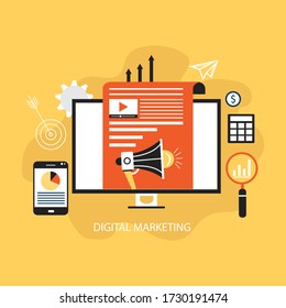 Digital marketing modern flat design on yellow background