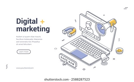 Digital marketing modern isometric line art web banner template. Laptop showcasing an online shopping interface with elements like a megaphone and magnet, emphasizing digital marketing