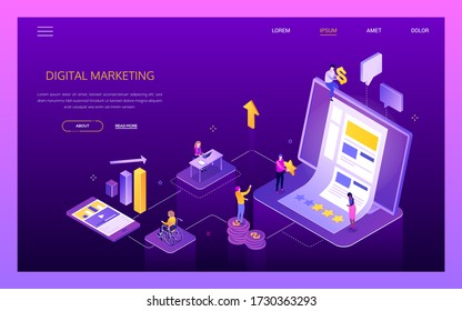 Digital marketing - modern isometric vector web banner with copy space for text. A website header with business team. Computer, smartphone, diagrams, ratings images. Content management, feedback ideas