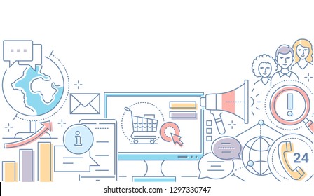 Digital marketing - modern line design style illustration on white background. Colorful composition with a computer monitor with shopping cart on the screen, globe, megaphone, chats, comments, users