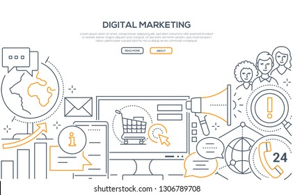 Digital marketing - modern line design style web banner on white background with copy space for text. A computer monitor with shopping cart on the screen, globe, megaphone, chats, comments, users