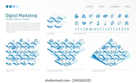 Digital marketing modular isometric constructor. Seamless pattern base, line icon, character set. Develop, growth up stairs, teamwork concept. Advertising strategy, seo platform. Business infograph