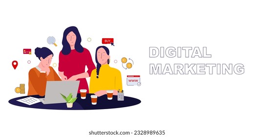 Digital marketing networking internet strategy promotion e commerce modern economy business with beautiful girl