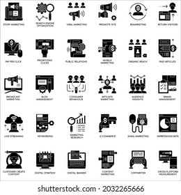 Digital marketing new black and white flat icon collection set