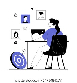 Digital Marketing. New customers attraction, business promotion. Marketer planning and makes ads campaign. Vector illustration with line people for web design.	
