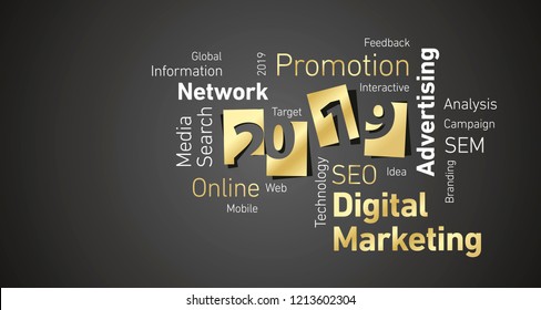 Digital Marketing New Year 2019 gold white word cloud black board background