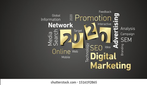 Digital Marketing New Year 2020 gold white word cloud black board background