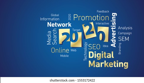 Digital Marketing New Year 2020 gold white word cloud blue background