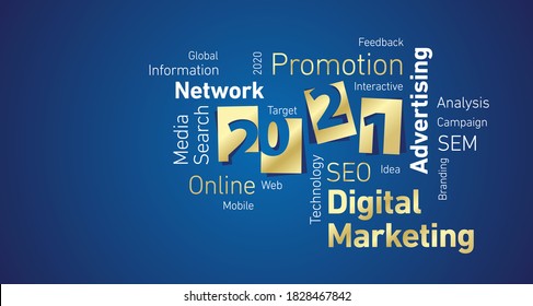 Digital Marketing New Year 2021 Shining Gold White Word Cloud Blue Board Background