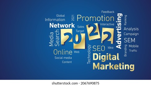 Digital Marketing New Year 2022 shining golden white word cloud blue board background