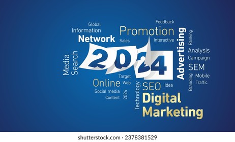 Marketing Digital Año Nuevo 2024 brillante dorado palabra blanca nube texto con calendario 2024 páginas fondo de tablero azul