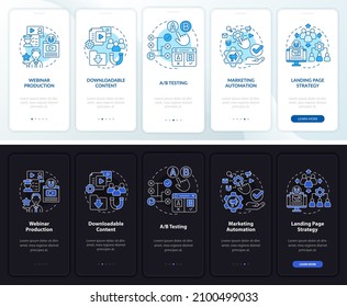 Digital marketing night and day mode onboarding mobile app screen. Ads walkthrough 5 steps graphic instructions pages with linear concepts. UI, UX, GUI template. Myriad Pro-Bold, Regular fonts used