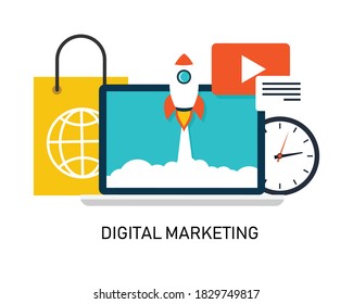 digital marketing with notebook. shopping online on computer. business and finance concept. vector illustration in flat style modern design. e-commerce business background.