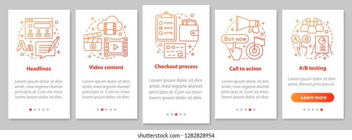 Digital marketing onboarding mobile app page screen with linear concepts. Advertising campaign walkthrough graphic steps. SMM promotion. SMM. UX, UI, GUI vector template with illustrations