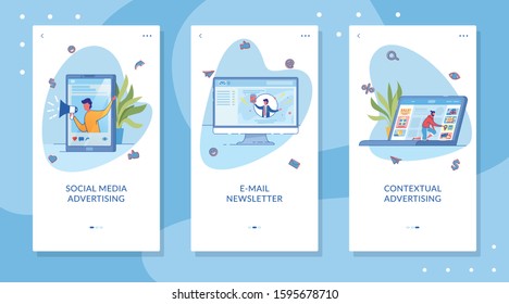 Digital Marketing Onboarding Screen Flat Templates. Social Media Advertising, E Mail Newsletter Mobile App Interface Cartoon Vector Layout. Contextual Targeted Promotion, SMM and SEO