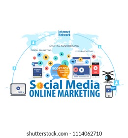 Digital marketing, online advertising with social media concept, vector illustration