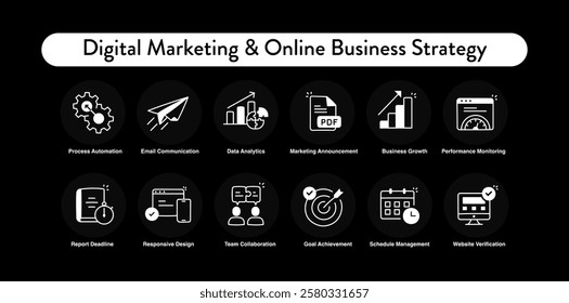 Digital Marketing and Online Business Strategy Icon Set – SEO, Content Strategy, and Lead Generation