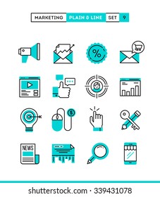 Digital marketing, online business, target audience, pay per click and more. Plain and line icons set, flat design, vector illustration