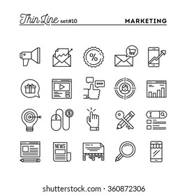 Digital marketing, online business, target audience, pay per click and more, thin line icons set, vector illustration