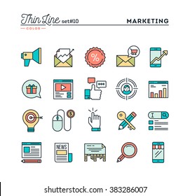 Digital Marketing, Online Business, Target Audience, Pay Per Click And More, Thin Line Color Icons Set, Vector Illustration