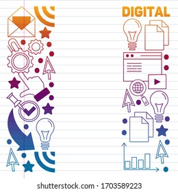Digital marketing online education, e-learning. Pattern with vector icons. Management, start up, business, internet technology.