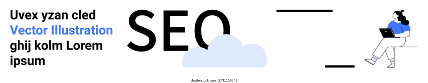 Digital marketing, online optimization, content creation, web development, productivity, communication. SEO text with cloud illustration and woman on laptop. Digital marketing and online optimization