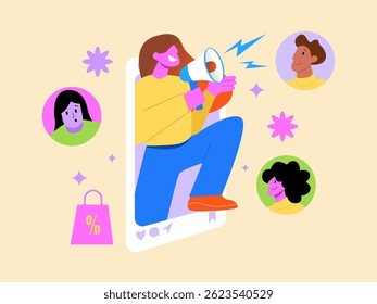Digital Marketing and Online Promotion Concept. Social Media Influencer with Megaphone Engaging Audience. Vector Illustration.
