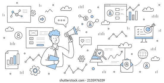 Digital Marketing, Online Public Relations And Affairs Doodle Concept. Businessman With Megaphone. Alert Advertising Campaign, Propaganda Speech, Pr Social Media Promotion Line Art Vector Illustration