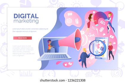 Digital Marketing Online Service Web Banner with Multi Ethnic People Working Together to Advertise Goods in Internet Illustration. Effective Promotional and Advertising Campaign on Web Landing Page